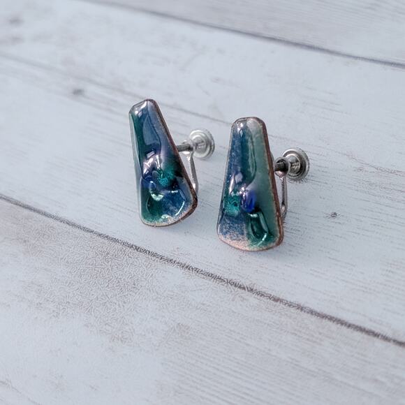 Vintage Screw Back Earrings Unusual Statement Blue Green Tones - Picture 3 of 9